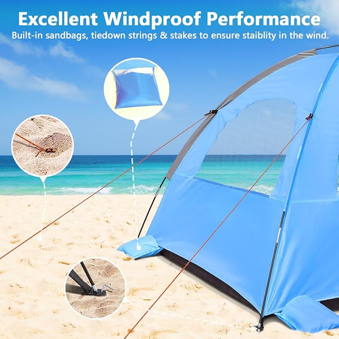 NXONE Beach Tent Sun Shade Shelter for 4 Person with UV Protection, Extended Floor, 3 Mesh Roll Up Windows & 8.5mm Fiberglass Rods丨Carry Bag Included (Sky Blue)