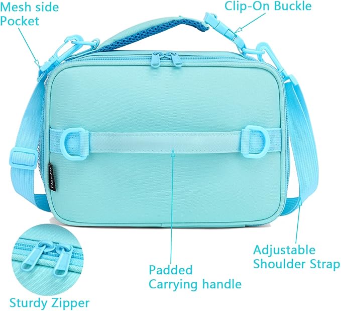 FlowFly Kids Lunch Bag, Durable Insulated School Lunch Box with Shoulder Strap and Bottle Holder, Water-resistant Thermal Small Lunch Cooler Tote for Teen Boys & Girls,Light Blue
