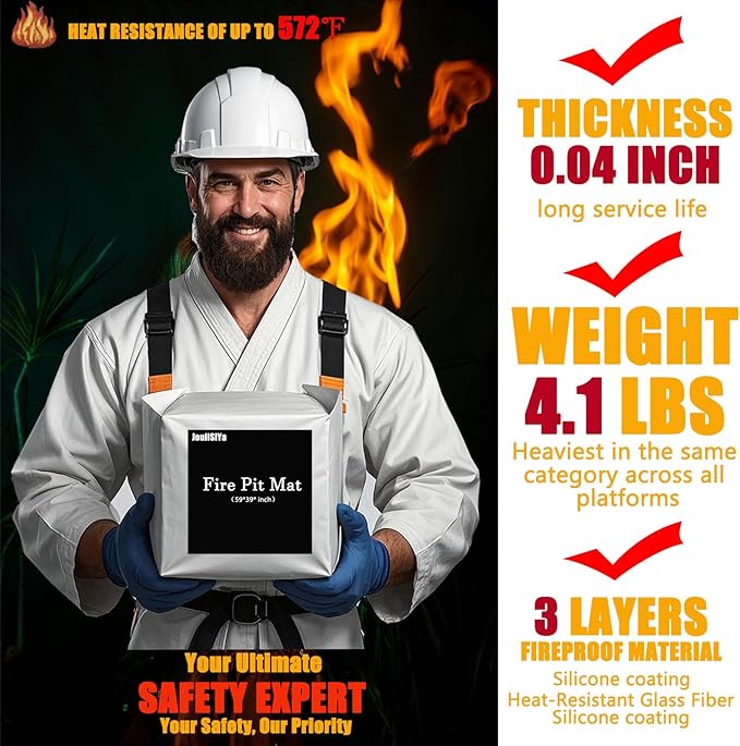 59x39 Inch Heavy Duty Grill Mat - Fireproof Mat for Wood Stove, Fire Pit & Outdoor Grill Protection, Double-Sided Ember Mat with Reflective Strips & Grommets (Non-Slip Deck Safe)