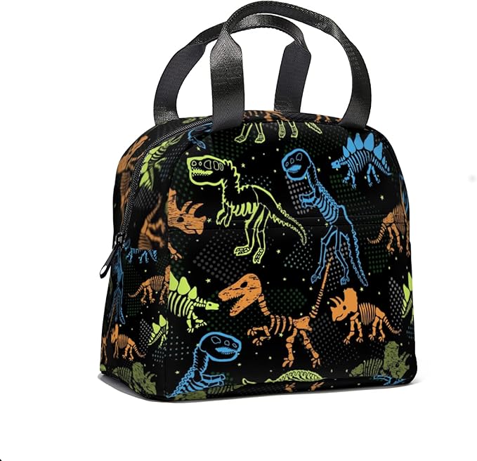 Giwawa Dinosaur Lunch Box for Kids, Colorful Dino Fossil Animal Print Reusable Lunch Bag Thermal Lunch Cooler Tote Bags for Boys Girls Men Women Travel Picnic, Front Pocket & Zipper Closure