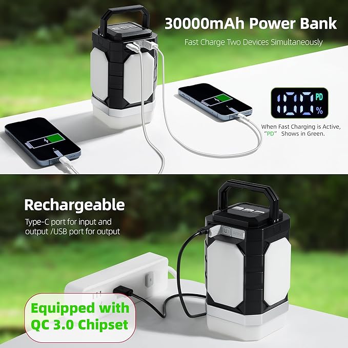 Sinvitron 30000mAh LED Camping Lantern with QC3.0 Fast Charging, 1000LM Emergency Lights for Power Outages, 350H Runtime, IPX5 Waterproof Rechargeable Lamp for Tent, Outdoor (Black/Grey)