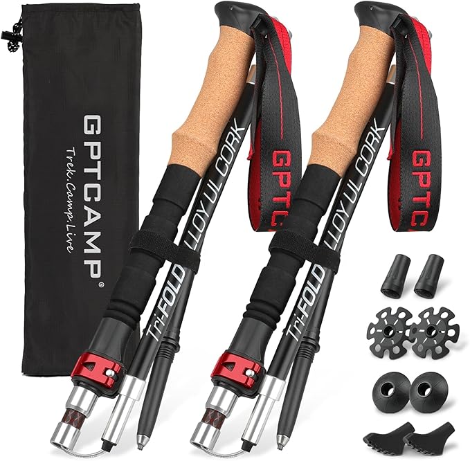 GPTCAMP Nordic Walking Stick, TPZ-1, 2pc Folding Collapsible Hiking Poles with Metal Quick Lock, Cork Handle, Lightweight 7075 Aluminum Trekking Poles for Seniors Women Men Hiking Gear