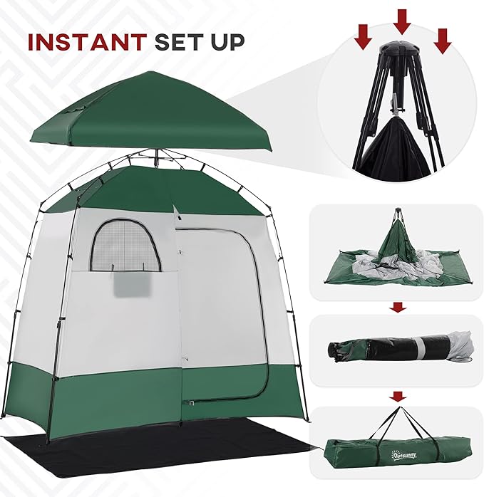 Outsunny Shower Tent, Pop Up Privacy Shelter for Camping, Dressing Changing Room, Portable Instant Outdoor Shower Tent Enclosure w/ 2 Rooms, Shower Bag, Floor and Carrying Bag