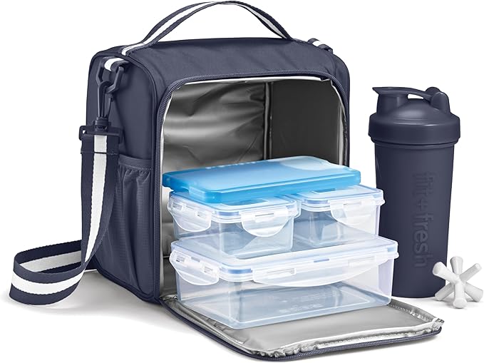 Fit & Fresh BREE Meal Prep Lunch Box With Containers, Ice Pack, and Shaker Bottle For Men and Women, 6pc. Meal Prep Kit Lunch Bag With Containers Included, Navy