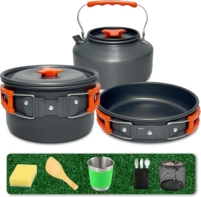 Camping Cookware Set, Non-Stick Lightweight Camping Pot and Pan Set with Stainless Steel Kettle Plates Spoon for Backpacking, Hiking, Outdoor Cooking and Picnic