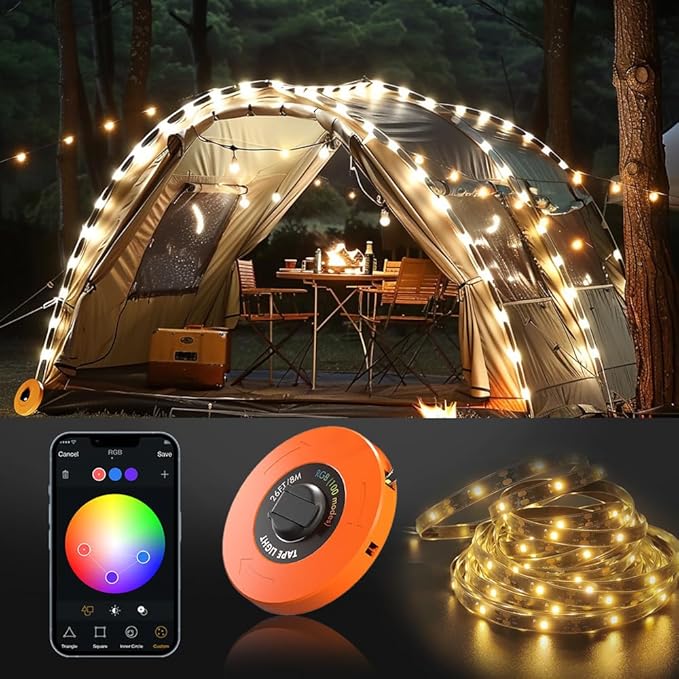 Camping Lights String, Tape Tent Lights Color Changing APP Control, Waterproof LED Lantern Retractable and Reusable for Emergency Yard Decor Christmas Essentials (Warm-White 16.4Ft)