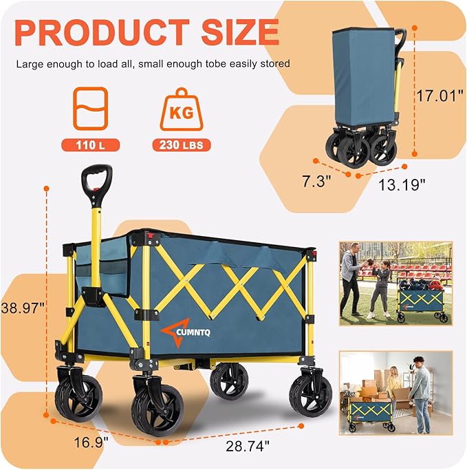 Collapsible Wagon Cart with Wheels, Heavy Duty Foldable Wagon Cart with 230lbs Weight Capacity, Utility Beach Wagons Portable for Outdoor, Grocery, Camping, Shopping, Green