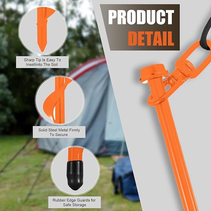 Reginary 6 Pcs Ground Anchors Screw in Tent Stakes Heavy Duty Trampoline Anchors High Wind for Camping Canopy Carport Sheds Beach Sand Stakes Metal Swing Set (Orange)
