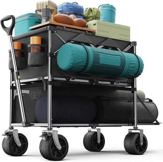 Collapsible Wagon Double Decker,Wagons Carts Foldable,Heavy Duty Wagon Camping Sports Garden Grocery,Utility Wagon for All Terrain Black
