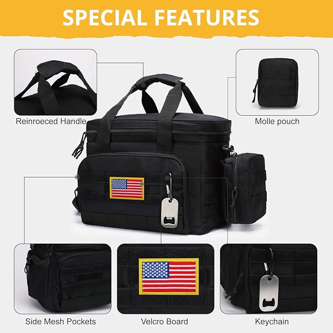 Tactical Lunch Box for Men, Insulated Lunch Bag MOLLE Webbing Leakproof, Cooler Large Lunchbox Women Adult with Adjustable Shoulder Strap Durable, Construction Heavy Duty Lunch Pail, Black