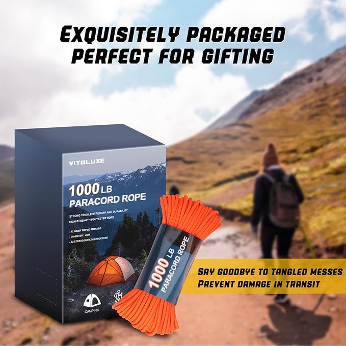 1000lb Paracord Rope, 4mm 12 Triple Strands Paracord, Heavy Duty Tactical Parachute Cord for Survival Gear, Camping, Hiking, and Ideal for Bracelets, Lanyards, Type III