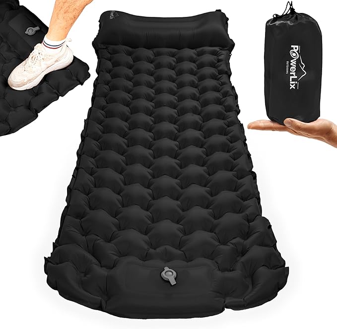 POWERLIX Sleeping Pad for Camping with Built in Pillow, Foot Pump Inflatable Camping Mat Bed, Lightweight Outdoor Camping Air Mattress Camping Pad for Backpacking Hiking Travelling Black