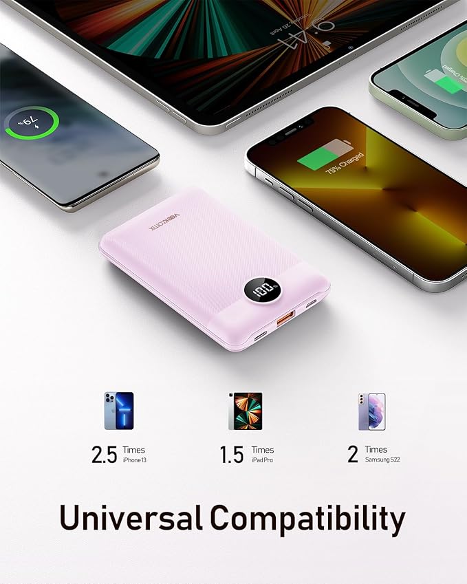 VEEKTOMX Mini Portable Charger Power Bank 10000mAh, 22.5W Fast Charging Powerbank USB C Slim & Lightweight Travel Phone Charger Dual Voltage Small Battery Pack for iPhone/Samsung/Google/Tablet, Purple