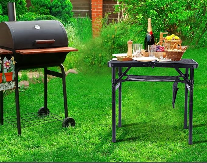 Nice C Table for Grill, Outdoor Table, Camping Table, Outdoor Cooking Table, Picnic Tables, Card Table Adjustable Height, Mesh Bag, Carry Handle (47.3” x 23.7“ x 14.7”/24.2“ Black)