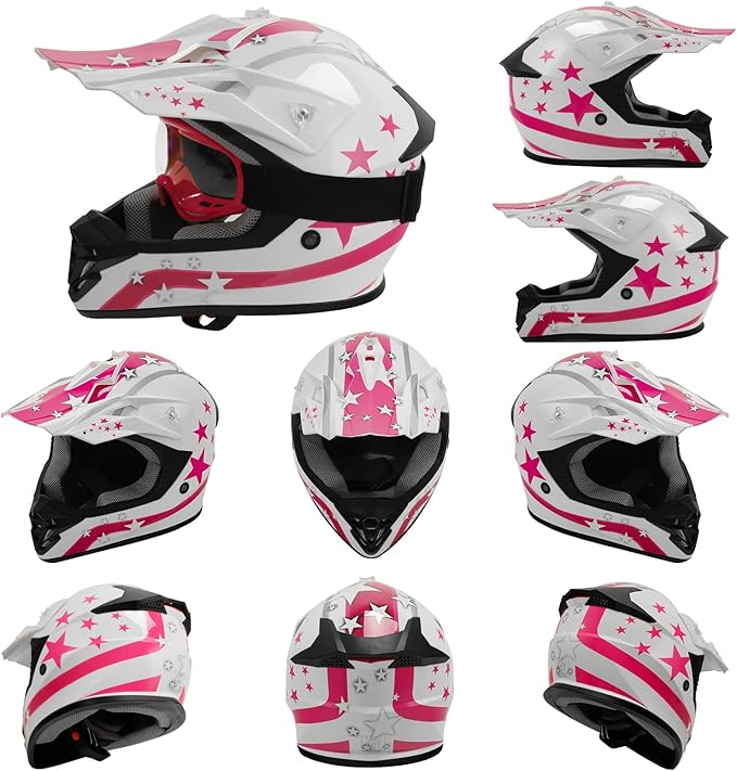 TCT-MOTORPARTS DOT Youth Kids Motocross ATV Four Wheeler Girls Riding Racing Helmets Offroad Street Dirt Bike Go-Kart BMX MX Full Face Helmet Pink Star Medium Size