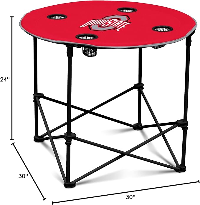 Logo Brands NCAA Ohio State Buckeyes Round Tailgating Table – Portable with Foldable Legs, 4 Cup Holders, Powder-Coated Steel, and 27.6" Surface Diameter, Team Color