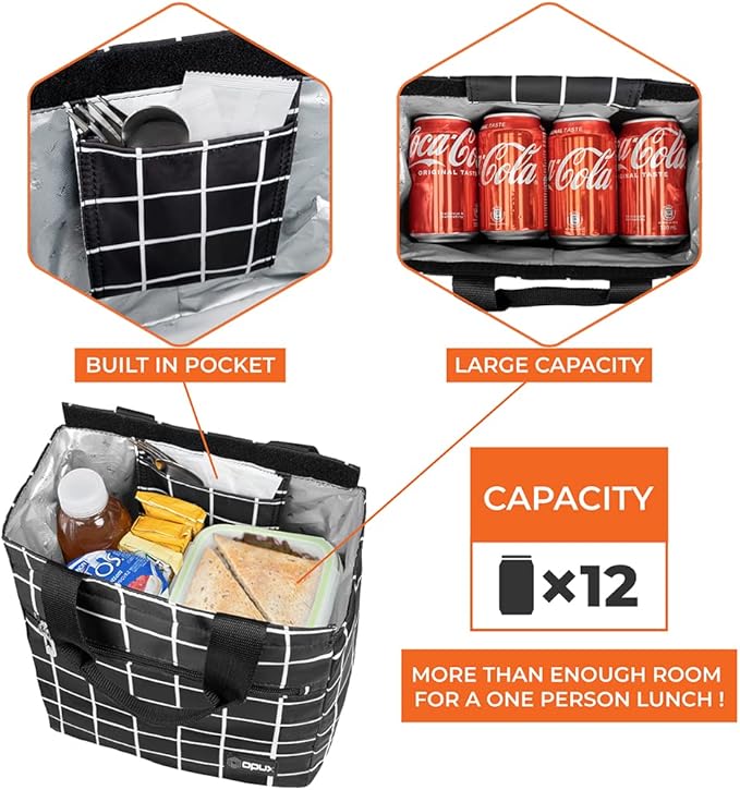 opux Lunch Bag for Women, Insulated Lunch Box Tote for Girls Kids Adult School Work, Reusable Womens Lunch Tote for Office Travel, Cute Small Lunch Tote, Fits 12 Cans - Checker Plaid Black