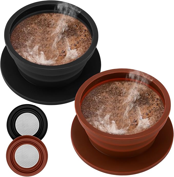 2-Packs Travel Collapsible Paperless Pour Over Coffee Dripper Kit with Stainless Steel Filter, Travel Pour Over Coffee Maker Camping, Silicone Coffee Strainer Pour Over Single Cup (Brown+Black)