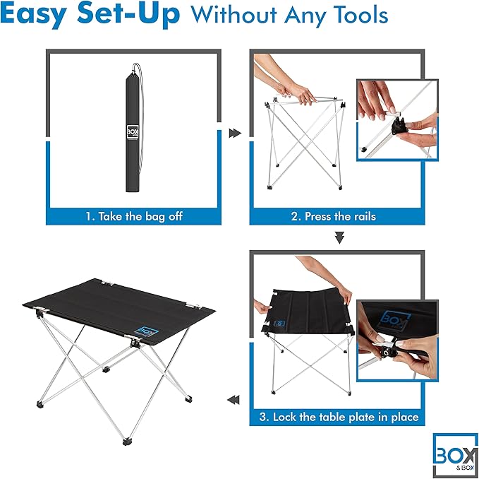 BOX & BOX Fabric Folding Table Portable with Travel Bag, Folding Camping Table, Outdoor Table, Foldable Table for Camp, Beach, Picnic, Camping Gear, Kitchen Table for 4 People, 29x21.6x19 in, Black