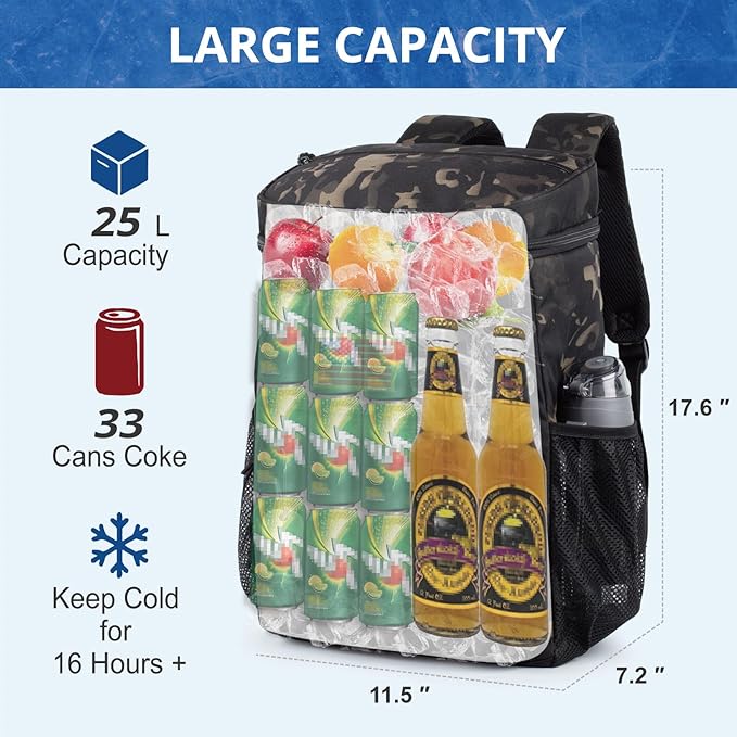Tactical Backpack Cooler for Men, 25L Large Insulated Backpack Leak-Proof, Heavy Duty Lunch Backpack, Waterproof Ice Chest Bag Women Adults Work Daytrip Camping Beach Hiking