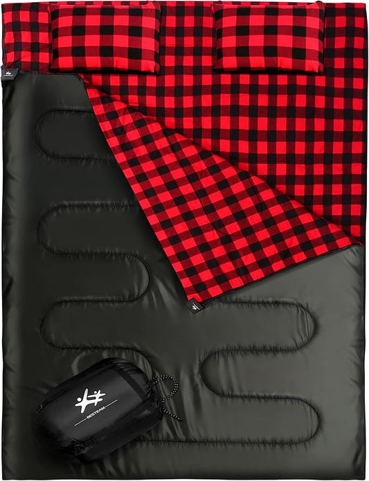Double Sleeping Bag Flannel for Adults Kids, Queen Size for 2 Person with 2 Pillows, Warm & Cold Weather Sleeping Bag for Camping, Hiking, Waterproof Lightweight with Compression Sack