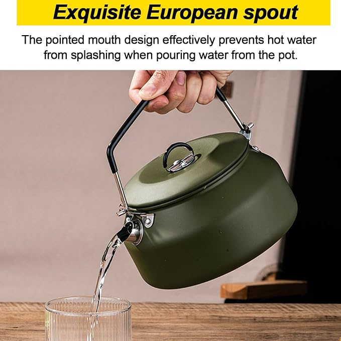 Camping Kettle Camp Tea Coffee Pot, 1L Stainless Steel Outdoor Campfire Camp kettle, Portable Lightweight Teapot Fast Heating Boiling Water, Ideal for Hiking Picnic Travel, Green