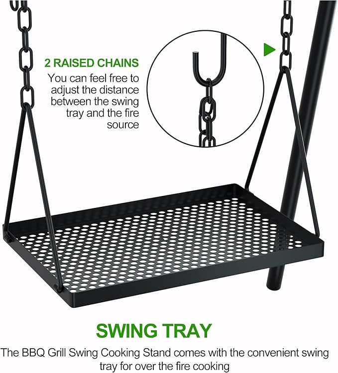 38" Grill Swing Large Campfire Grill Stand w/6 Hooks Cast Iron BBQ Grill Campfire Cooking Stand Cookware Hanging Rack Outdoor Picnic Camping Bonfire Party Barbecue Set for Cookware & Dutch Oven