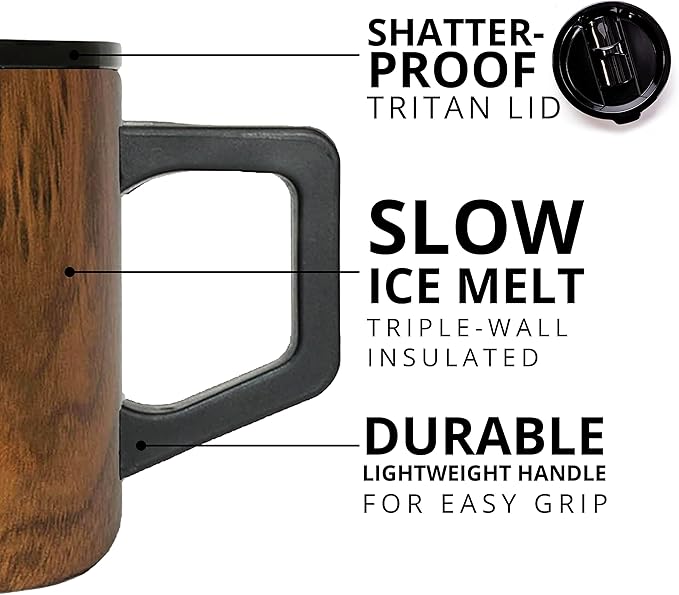 Elemental Insulated Coffee Mug - Triple-Wall Stainless Steel Summit Travel Cup for Hot and Cold Drinks - Thermal Coffee Mug with Lid and Handle for Camping, Office & Travel 12oz - Teakwood