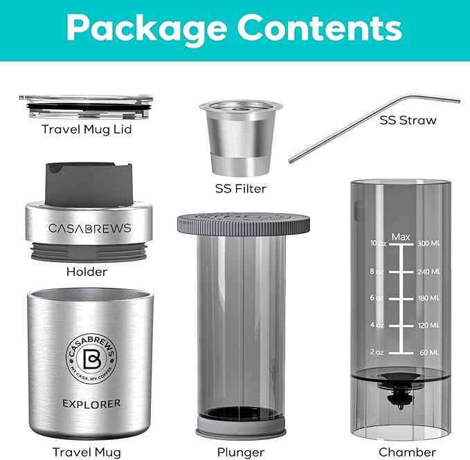 CASABREWS KP3000 Portable Coffee Maker, 2 in 1 Small Travel Coffee Machine for K Cup Pod or Ground Coffee, Quick Coffee Press Kit with Stainless Steel Cup, Cup Lid, Straw and Storage Bag