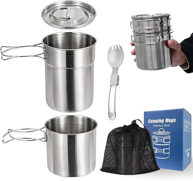 BeGrit Camping Cups Mugs Stainless Steel Camping Pot Food Grade Metal Camping Cookware with Folding Spoon, Vented Lids
