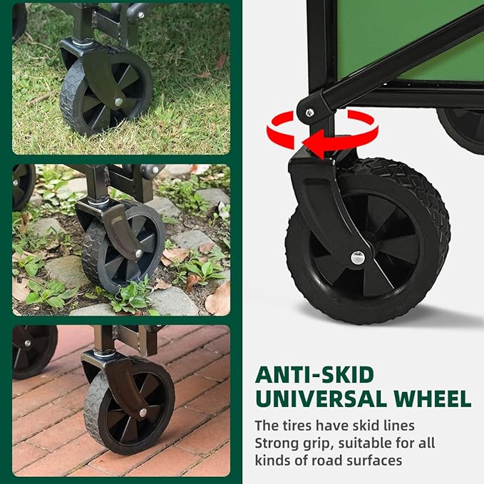 Collapsible Wagon Cart Heavy Duty Foldable, Large Capacity Foldable Grocery Beach Wagon for Camping Sports Shopping, Green