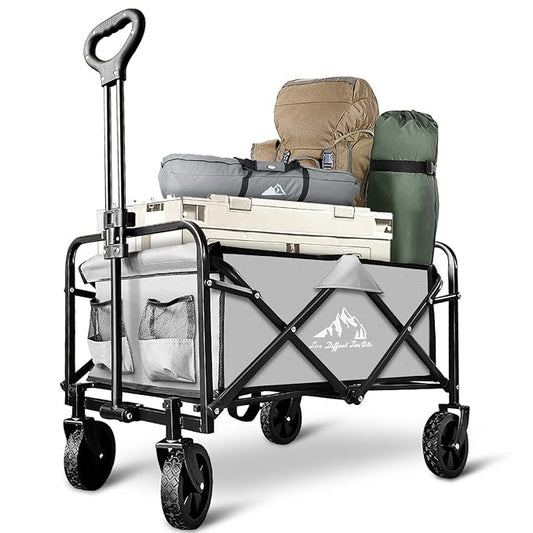 Collapsible Wagon Cart Heavy Duty Foldable, Large Capacity Foldable Grocery Beach Wagon for Camping Sports Shopping, Gray