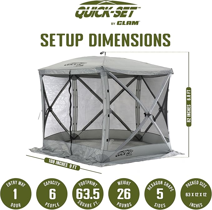 CLAM Pop Up Screen Tent, Outdoor Camping Gazebo Canopy, Venture, 9' x 9', Gray