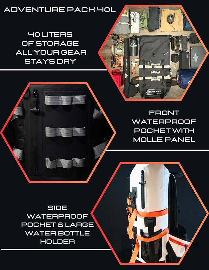 Waterproof Backpack 40L Roll Top Enclosure Dry Bag Fishing Backpack, Hiking,Camping Adventure Ready (Black)