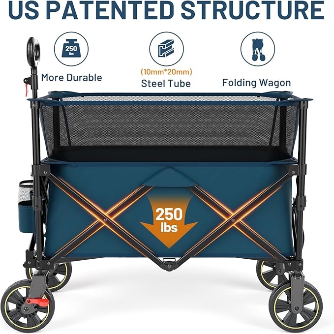 TIMBER RIDGE 350L Extra Large Collapsible Folding Wagon Carts with Brake, Heavy Duty Outdoor Camping Utility Wagons with Extended Height, Adjustable Handle, Cup Holders, Side Bag(Blue)