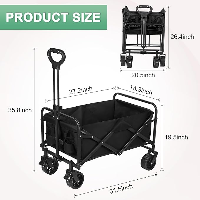 Wagons Carts Foldable, 330LBS Beach Wagon Collapsible with All-Terrain Wheels Portable Utility Folding Cart for Beach/Grocery/Garden/Fishing/Camping/Shopping/Outdoor/Travel, Black