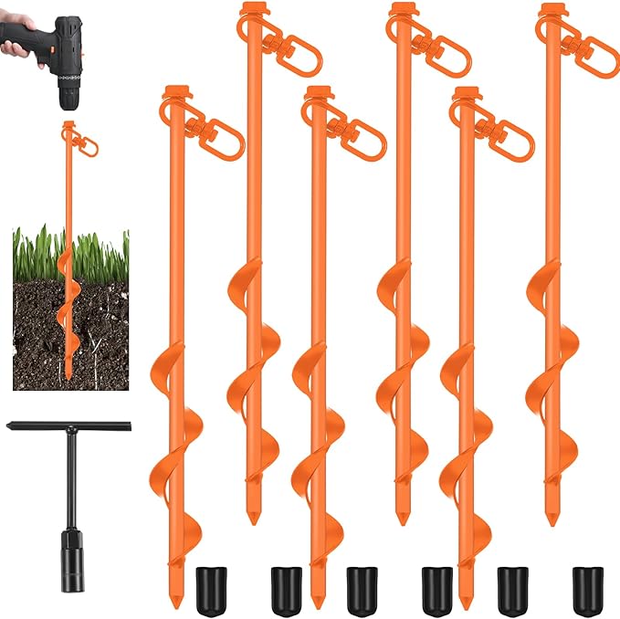 Reginary 6 Pcs Ground Anchors Screw in Tent Stakes Heavy Duty Trampoline Anchors High Wind for Camping Canopy Carport Sheds Beach Sand Stakes Metal Swing Set (Orange)
