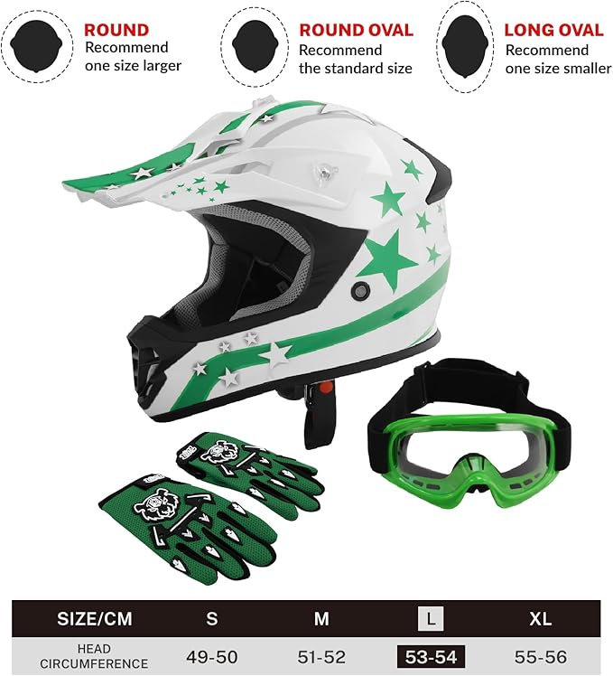 TCT-MOTORPARTS DOT Youth Kids Motocross ATV Helmets Offroad Street Dirt Bike Go-Kart BMX MX Full Face Helmet White w/Green Star Large Size