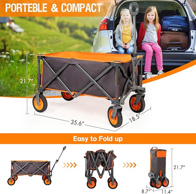PORTAL Collapsible Folding Wagon, Push Pull Foldable Beach Wagon Cart with All-Terrain Wheels, Heavy Duty Utility Grocery Wagon for Outdoor Camping Garden Sport Shopping, Holds 225 lbs, Grey/Orange