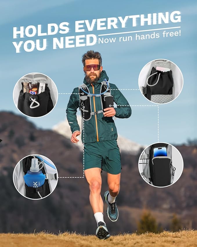 Running Vest for Women and Men, Hydration Backpack for Runners, Trail, Hiking, Biking and Walking, with Front Phone Holder, Adjustable Chest and Waist Strap