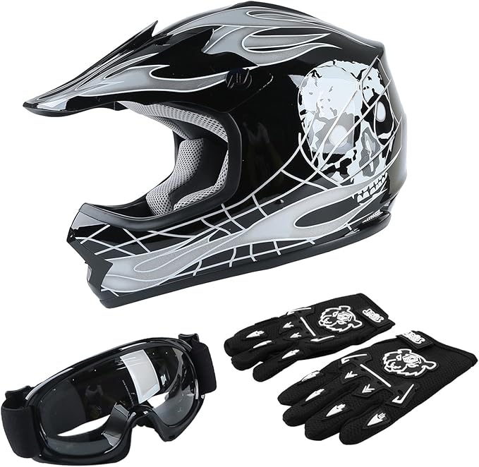 TCT-MOTORPARTS DOT Youth Kids Helmet Motocross ATV Helmets Offroad Street Dirt Bike Go-Kart BMX MX Full Face Helmet Black Skull Medium Size
