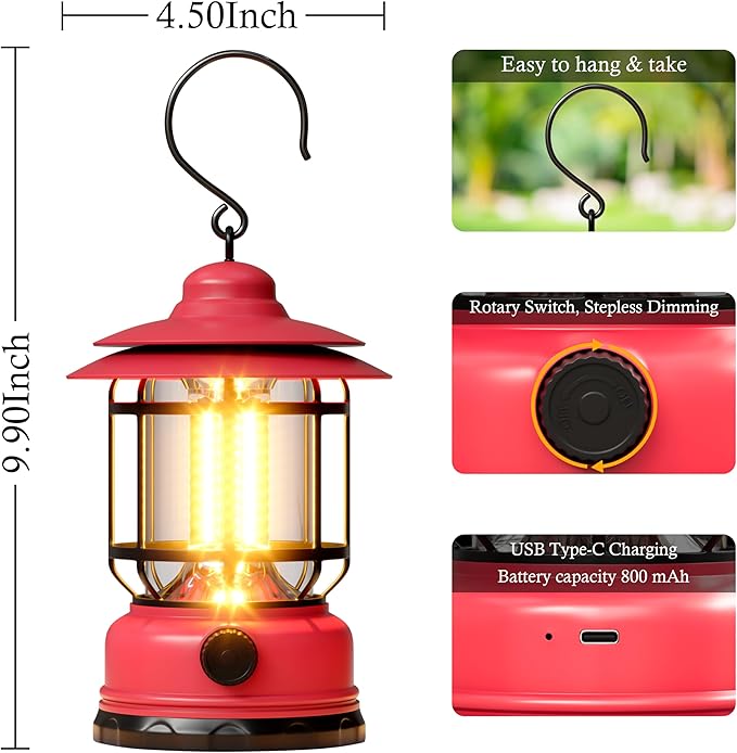 3 Pack Battery Powered LED Camping Lanterns, Red Battery Waterproof Camping Tent Lights with Stepless Dimming, Portable Outdoor Lamp for Camping, Hurricane, Garden, Yard, Hiking, Power Outage