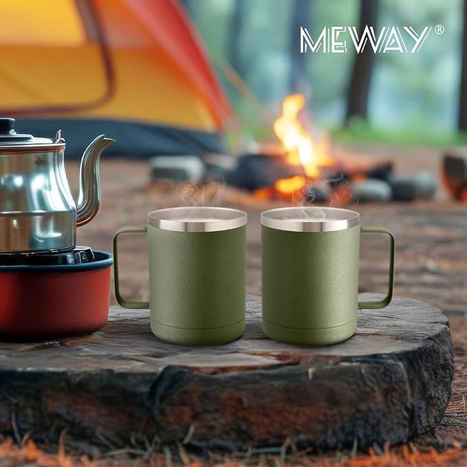 MEWAY 12oz Coffee Mug With Handle 8 Pack Bulk,Stainless Steel Insulated Travel Tumblers With Sliding Lid,Double Wall Vacuum Camping Cup for Hot & Cold Drinks Tea (Army Green,Set of 8)