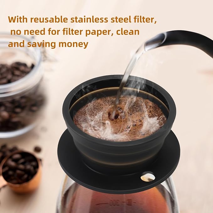 2-Packs Travel Collapsible Paperless Pour Over Coffee Dripper Kit with Stainless Steel Filter, Travel Pour Over Coffee Maker Camping, Silicone Coffee Strainer Pour Over Single Cup (Brown+Black)