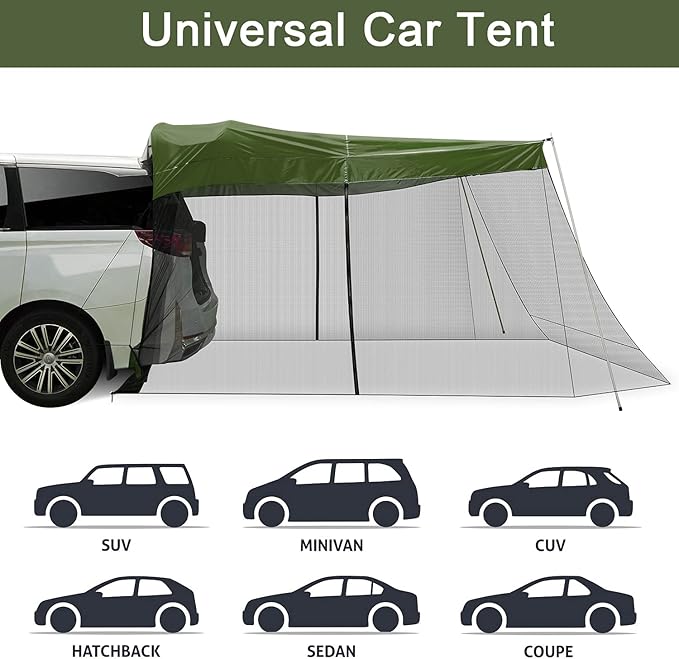 G4Free Car Awning Sun Shelter with Mosquito Net, Portable SUV Tent Tailgate Shade Canopy for Outdoor Camping Travel (Army Green)