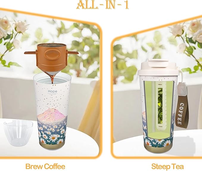 17oz Camping Coffee Makers with Ceramic Coating,Camp Pour Over Coffee Maker Set,Double Wall Vacuum Leak-Proof Mug for Office School Party Camping,Tea Infuser Mug for Loose Leaf Tea (17oz Blue Hope)