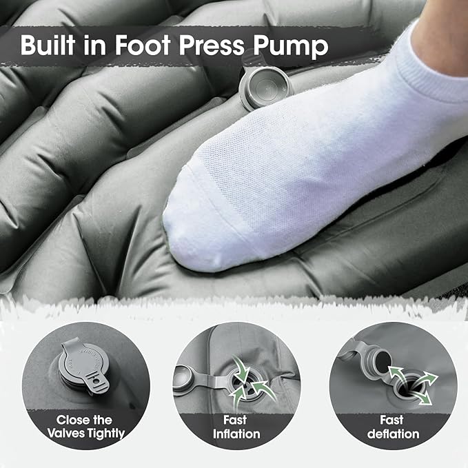 Double Sleeping Pad Self-Inflating 4" Thick for 2 Person Camping - Built-in Foot Pump, Ergonomic Pillow & Ultra-Portable Design for Backpacking, Hiking, Tent Use