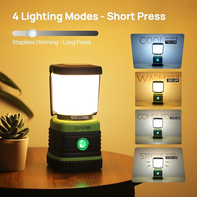 LED Camping Lantern Rechargeable, Consciot Camping Lights, 1000LM, 4 Light Modes, 4400mAh Power Bank, IPX4 Waterproof, Dimmable Tent Lights for Emergency, Power Outages, USB C Cable Included, 2 Pack