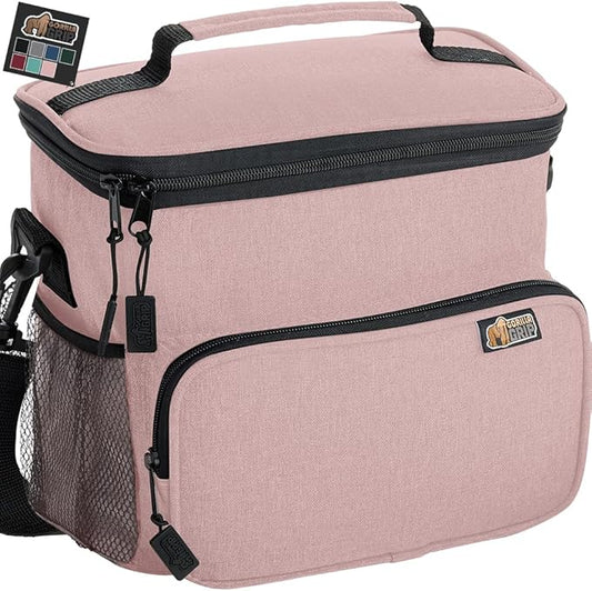 GORILLA GRIP Reusable Insulated Lunch Box Bag for Women Men, Large Leakproof Soft Cooler Bags, Multiple Compartments, Mesh Pockets, Adjustable Strap, Food Tote Keeps Drinks Cold, 8L, 10x9, Pink
