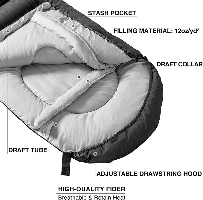 Atarashi Camping Sleeping Bag- 4 Seasons for Adults, Light, Warm, Extra-Large with Compression Sack- Great for Hiking, Backpacking & Outdoor Adventures